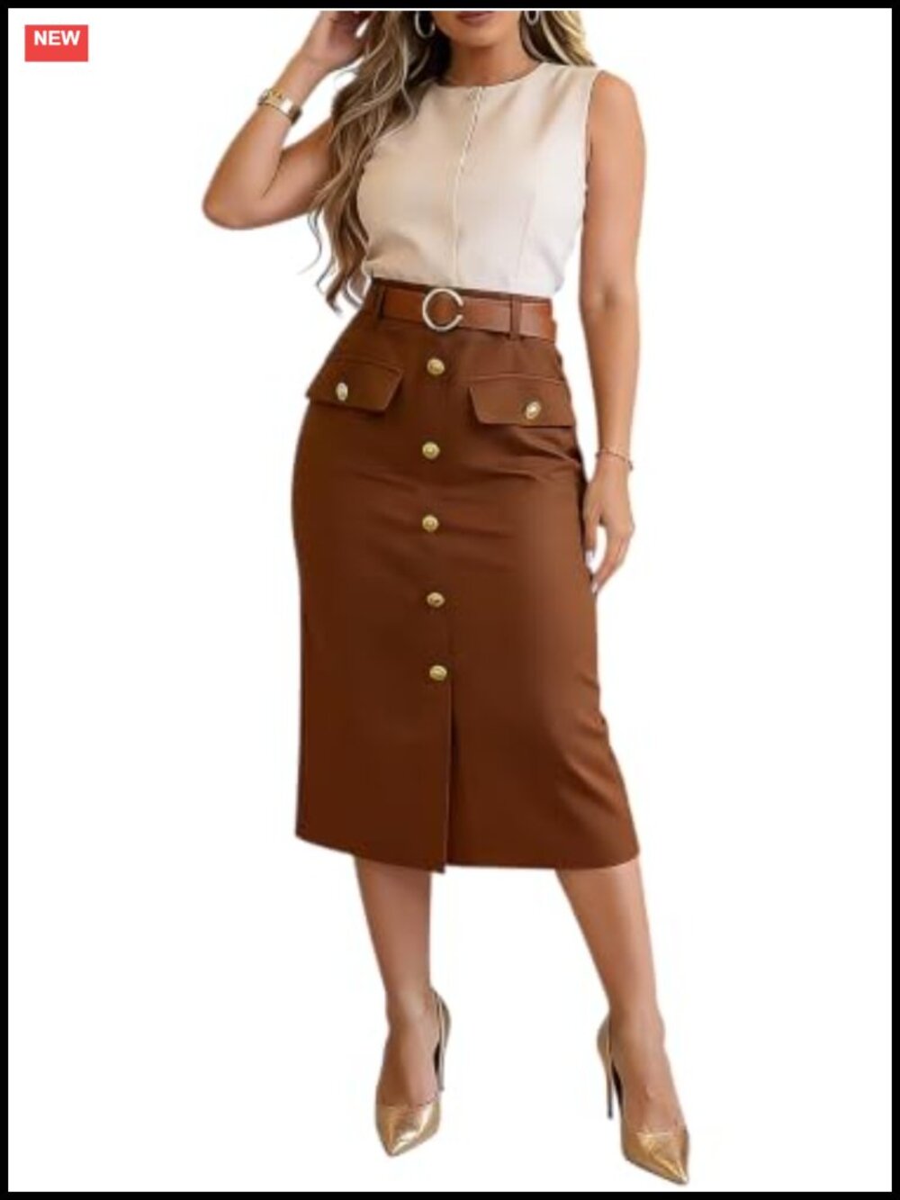 Woven Midi Pencil Skirt Gold Button Front Flap Pockets Lined Slim Fit Work
